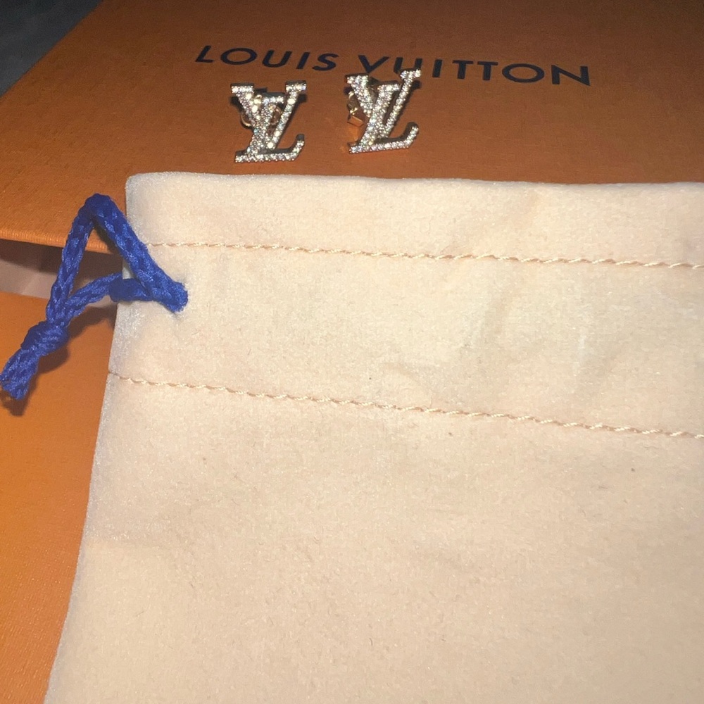 Authentic Louis Vuitton Iconic Gold and Clear Crystal LV Stud Earrings - Picture 4 of 5